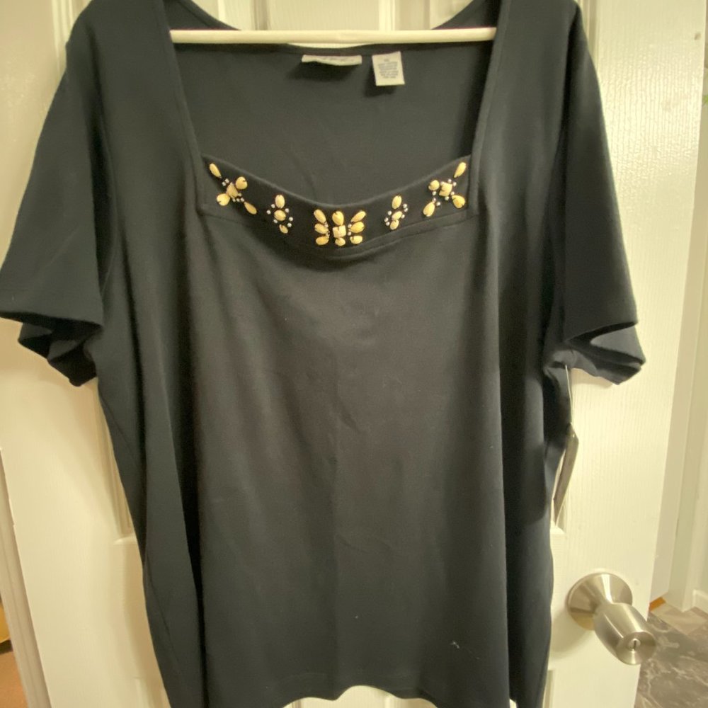 NWT Coral Bay Black knit top w beading~1X